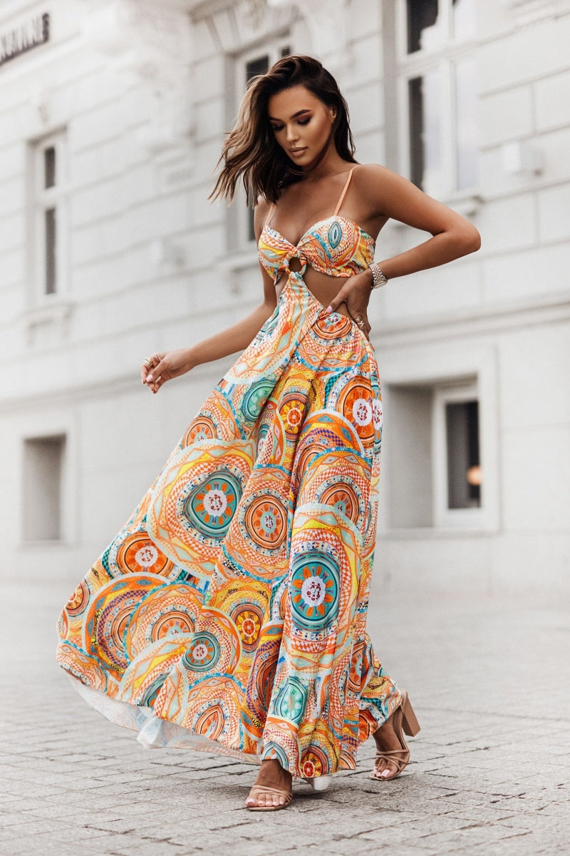 Bright orange long dress at the waist and back