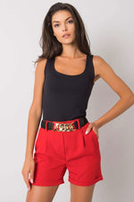 Red shorts with 4-buckle metallic gold-tone belt