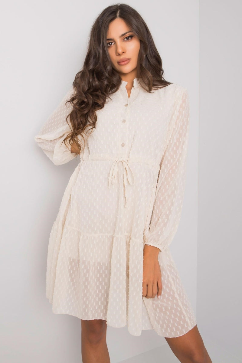 Long-sleeved dress with button closure and small high V-neck