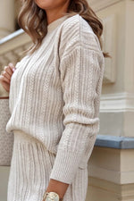 Plain beige knit top and skirt set