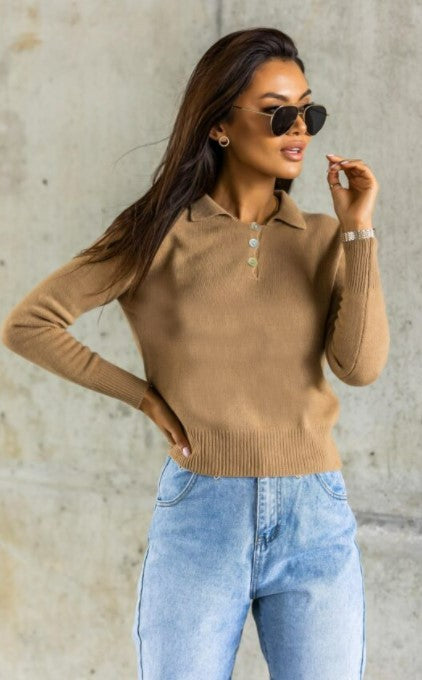 Cashmere sweater with a classic collar and button closure at the front