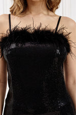 2-piece feather bustier set + black sequined pants