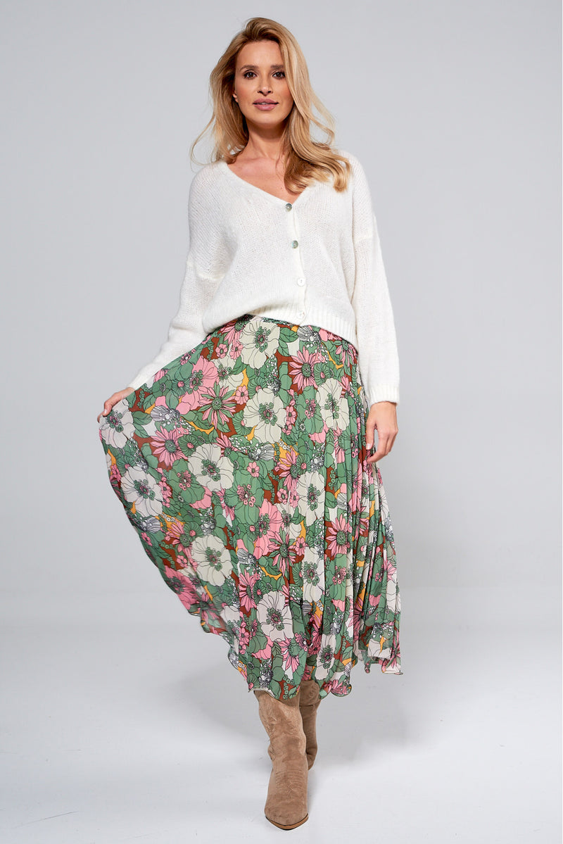 Green pleated midi skirt with floral pattern