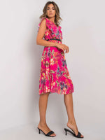 Mid-length pleated dress with belt and floral print