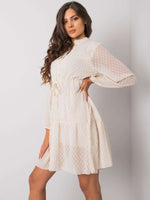 Long-sleeved dress with button closure and small high V-neck